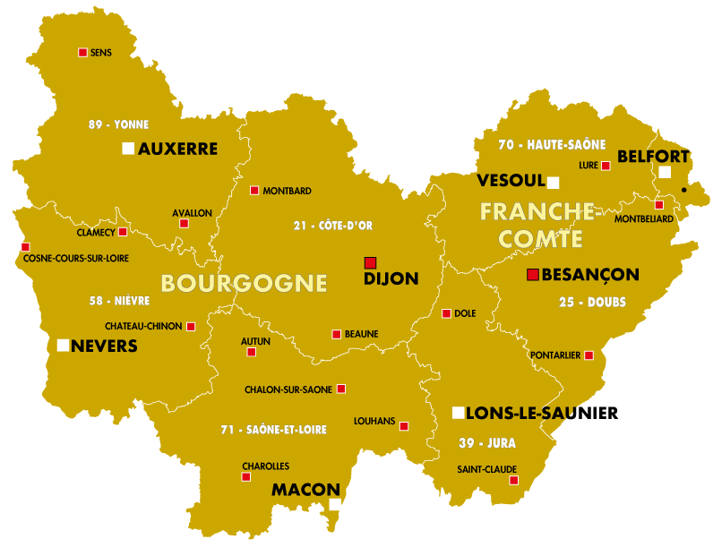 Dijon, Besançon, Nevers, Auxerre, Mâcon, Lons Le Saunier, Vesoul, Belfort