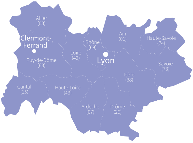 Aurillac, Moulins, Le Puy-en-Velay, Clermont-Ferrand, Privas, Valence, Bourg-en)Bresse, Annecy, Chambéry, Grenoble