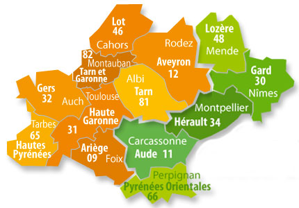 Toulouse, Montpellier, Nîmes, Mende, Rodez, Cahors, Montauban, Auch, Tarbes, Foix, Carcassonne, Perpignan